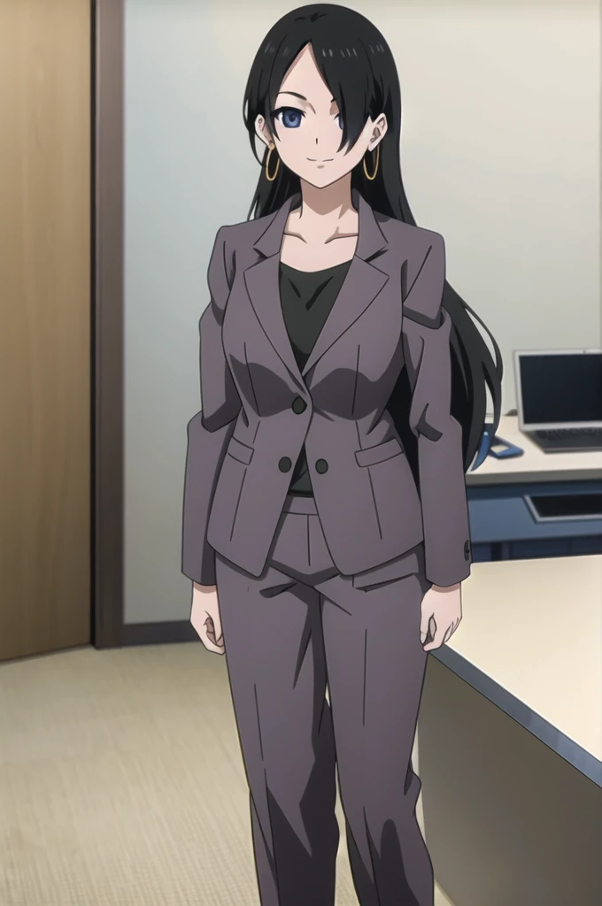 okitsuyuka, solo, earrings, black hair, long hair, suit, looking at viewer, 1girl, blue eyes,, collarbone, pants, , best quality, masterpiece,big breasts,cowboy shot, hair over one eye, holding document, office, smile,