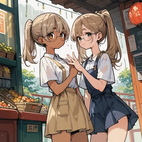 two girls，stand together，looking at each other，holding each other&#39;s hands tightly，
a girl has brown hair color，double ponyta...