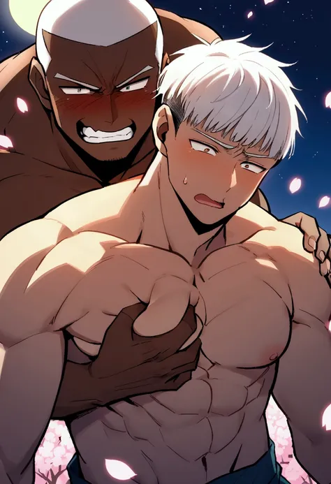 Highest quality、Two muscular men devour each other、grabbing another’s chest、manly、White Hair、crew cut、Dark Skin、Macho、Embarrassed face、Cherry Blossoms at Night、full moon、Night starry sky