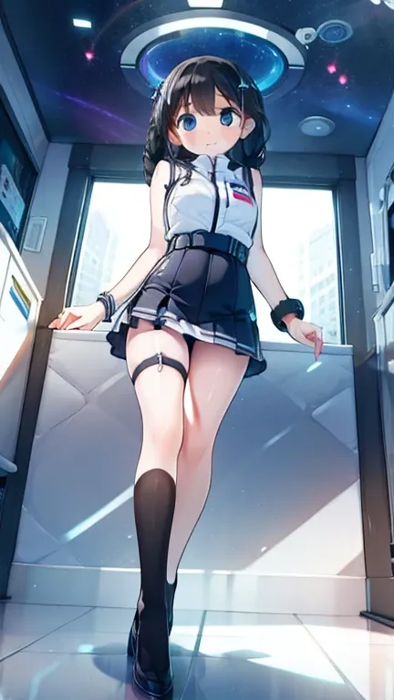 (Highest quality), (masterpiece), 1080P, High resolution, 4K, 8k, Inside the space station、Futuristic room、Thigh straps, Shooting from directly below, The woman on top of me, 白いSweat, Covered , Sweat, Woman looking down, Skirt swimsuit, Thigh-high socks, T...