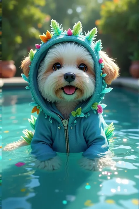 A dog in a deeppool costume