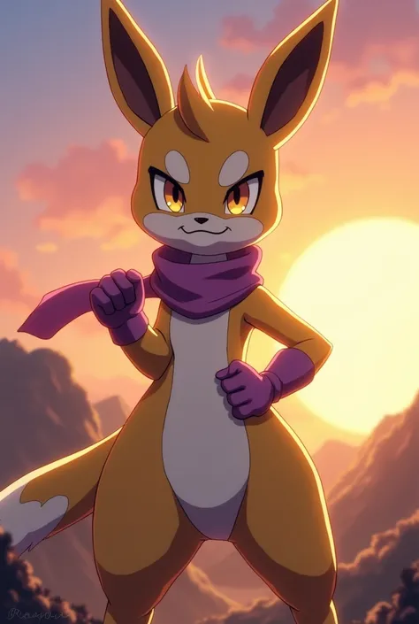 Slightly realistic anime style. Renamon who is anthropomorphic standing upright and looks complete with a striking pose, looking straight ahead, with a confident and mocking expression on his face. His fur is true to the character, with a soft anime textur...