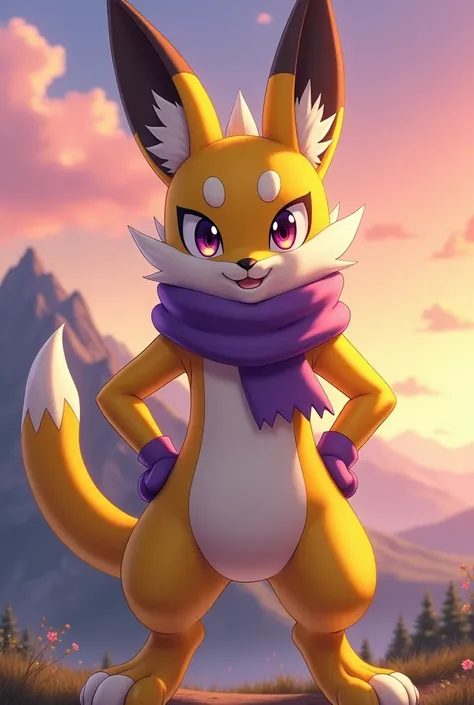 Realistic style. Renamon who is anthropomorphic is faithful to the character, This standing position shows the full body with a striking pose, looking straight ahead, with a confident and mocking expression on his face. His fur is true to the character, wi...