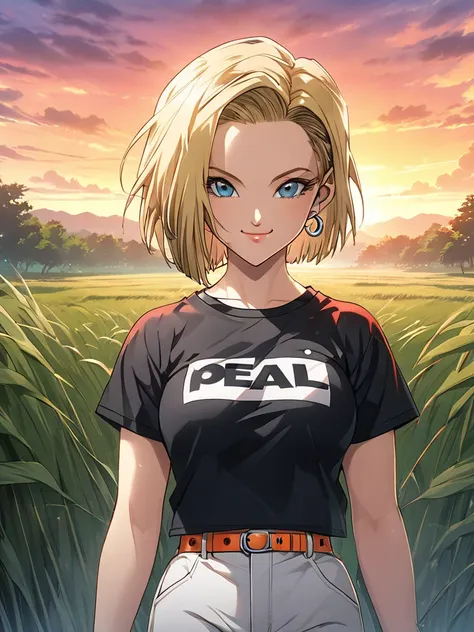 1 girl,android 18 from dragon ballz series,(upper body: 1.8), t-shirt, attitude smiling, anime landscape of a pearl super sunny ...