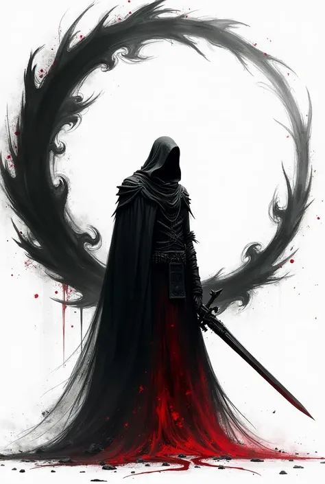  "A dark, ethereal fantasy scene featuring a lone, mysterious warrior standing with a large, elegant sword. The warrior is cloaked in tattered black armor, with a flowing cape, and is surrounded by swirling, abstract black and white smoke that forms the sh...