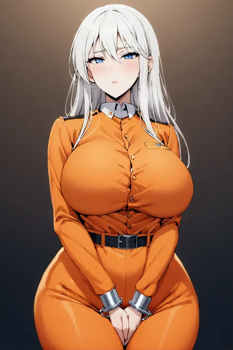 ,orange jumpsuit, uniform, orange pants,waist chain, hands tucked in between thighs, arms tucked in between thighs, handcuffs, b...