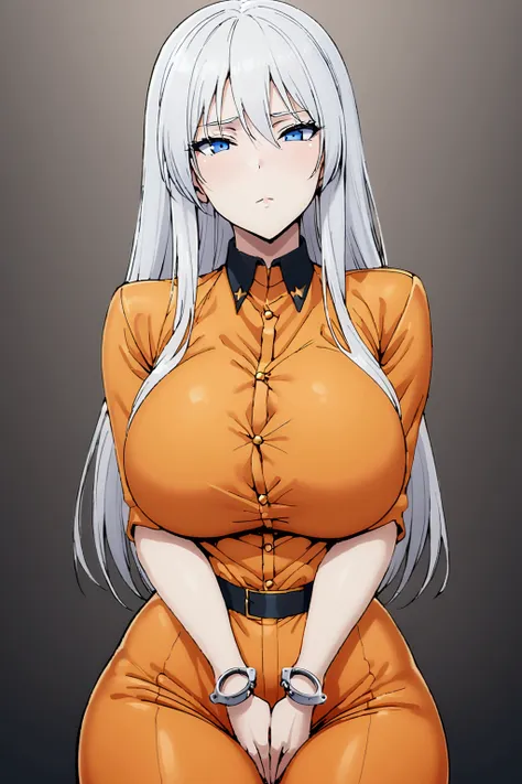 ,orange jumpsuit, uniform, orange pants,waist chain, hands tucked in between thighs, arms tucked in between thighs, handcuffs, b...