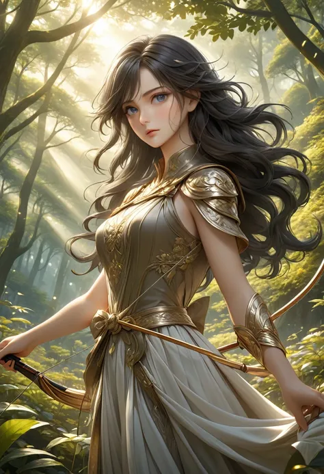 beautiful female archer, holding a bow, delicate face, beautiful eyes, detailed facial features, flowing long hair, elegant post...