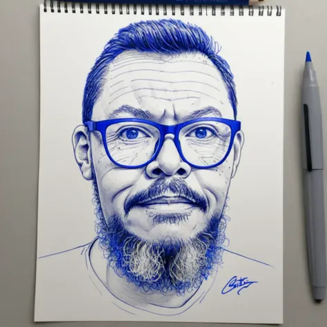 a sketch of a man with glasses and a beard, drawn on paper with a blue ballpoint pen, on an office desk, simple lines, poor draw...