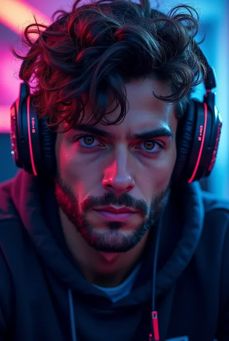 Man with big curly hair and gaming headphones