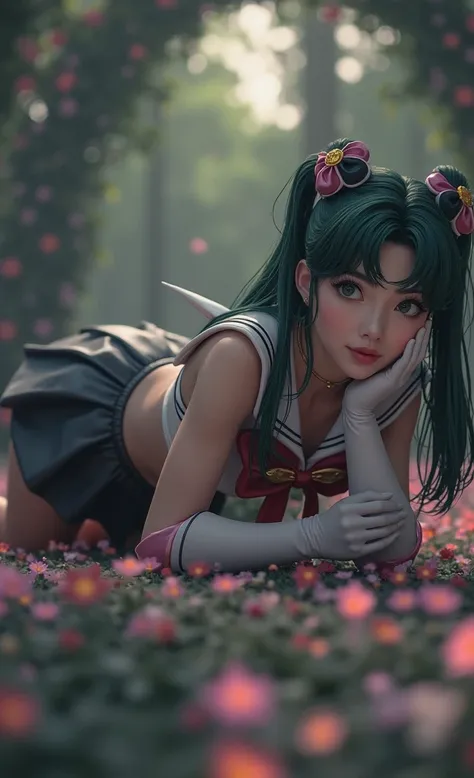 (Extreme Detail CG Unity 8K wallpaper, masterpiece, highest quality), (exquisite lighting and shadow, highly dramatic picture, cinematic lens effect), (Sailor Moon: 1.4), delicate facial features, charming smile, star eyes, ((dark green hair)), tight top, ...