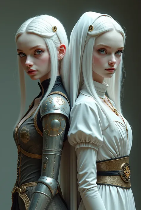 Two young albino women from the Middle Ages with white hair and violet eyes, back to back, the one on the left wearing alchemist&#39;s clothes and her left arm with a steampunk prosthesis with a pentagram, and the sister on the right wearing nun&#39;s clot...