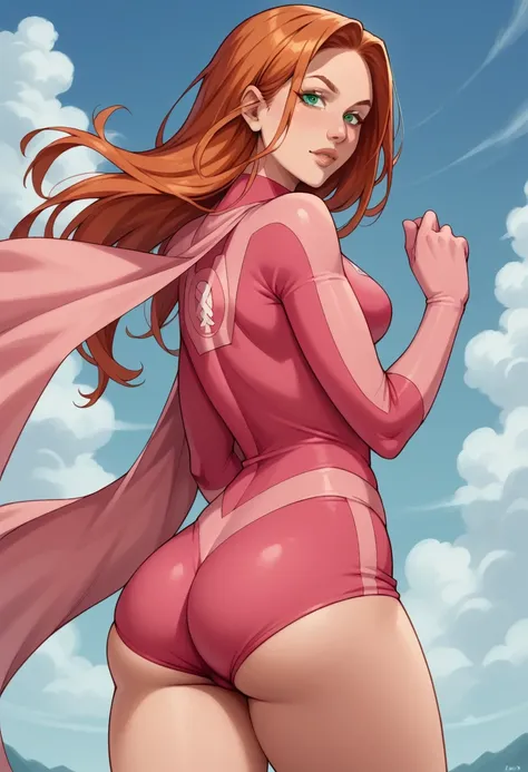 score_9, score_8_up, score_7_up, break, score_9, atomeveixl, green eyes, orange hair, long hair, medium breasts, superhero, pink...