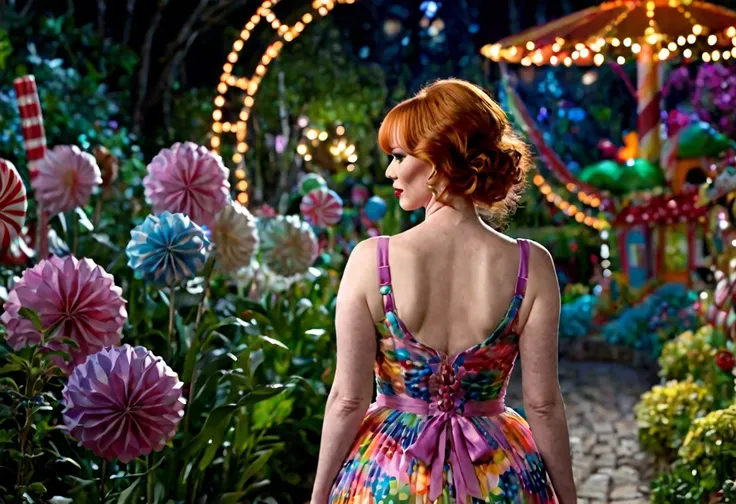 a detailed photo of christina rene hendricks in a sheer colorful gown without underwear, strolling through a candy land garden i...