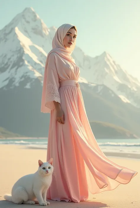 Woman with a long hijab covering her chest. White skin. Pink dress. On the beach and in the mountains. With a white cat