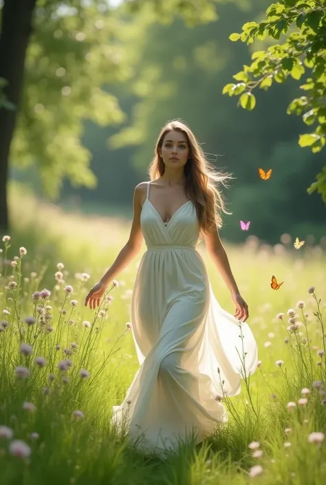 ，masterpiece, best quality，8k, ultra highres，Reallightandshadow，Cinema lenses，(beautidful eyes:1.1)， ((The scene is，The upper part of the body))，dynamicposes，On a green meadow，A gentle goddess came with a gentle step。She wore a white dress，A gentle breeze ...