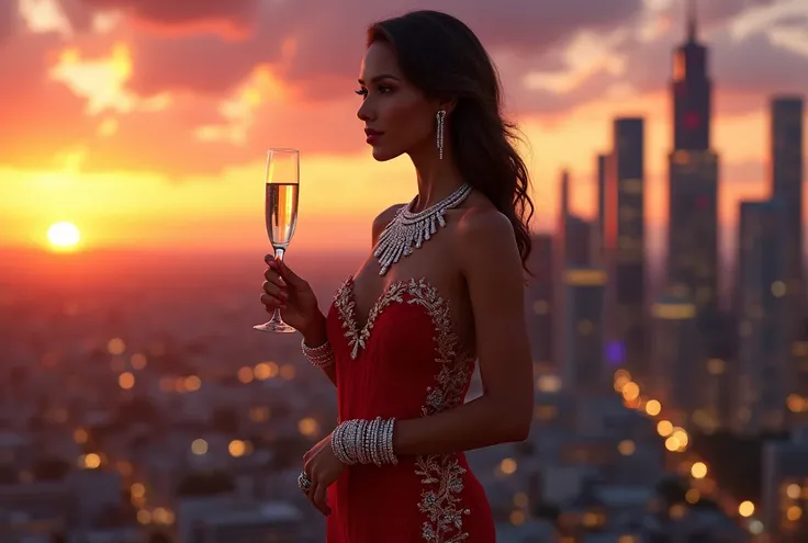 Glamorous woman with jewelry: An elegant and sophisticated woman wearing a designer dress stands on a penthouse overlooking the city at night. She shows off diamond necklaces and rings while holding a glass of champagne. In the background, a vibrant sunset...