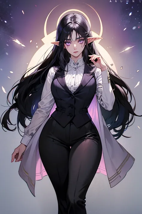 a young female night elfwith long black hair, purple eyes and skin,cold expression, wearing a black blazer or vest over a white ...