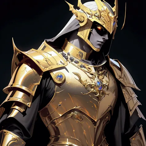 (Masterpiece:1.2), envision an intricate, 8k, highres, realistic, cinematic, dynamic, close up portrait of a faceless golden knight man clad in great armor with a grand helmet with bright white glowing eyes with a large body in a dark fantasy style against...