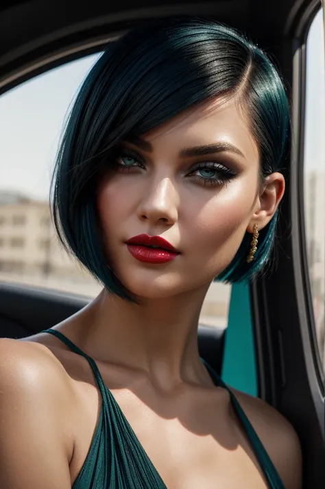 Blue black hair, bobcut, undercut, severe dress, detailed face with bright red lipstick, green eyes, jennifer korbin