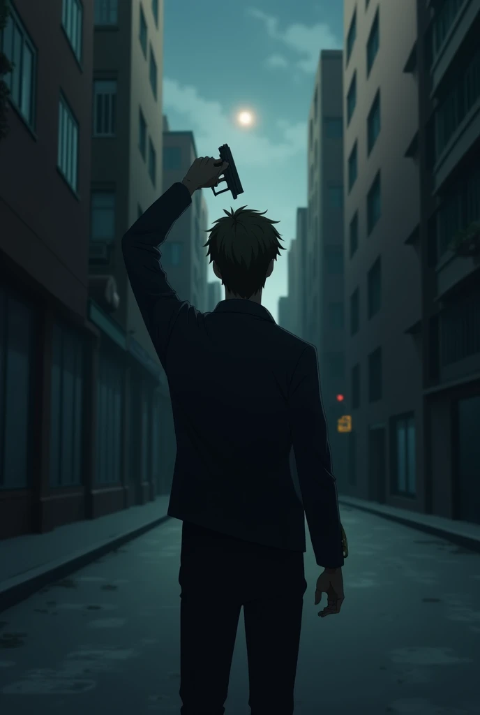 The image is anime style with shadows and daytime, anime style although somewhat adult and dark, It shows a man with his back turned pointing the tip of a gun at his head with a gun. The background of the image is a street road.