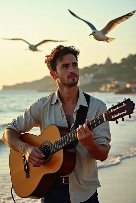 A young man with a guitar sings on the seashore.