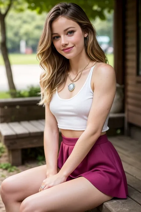 pretty girl, beautiful women, (1 girl, Melissa Benoist:1.1), shy pose, Sexy body shape, too much exposed skin, white tank top, mini skirt, About her daily life outdoor activities, wavy hair, very beautiful, long legs, solo, looking at the viewer, Bare shou...