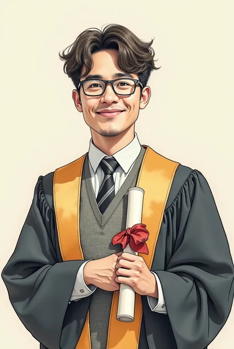 A teacher in training, naughty man, excited about your degree, highlight the biological sciences symbol on the diploma. In the form of a human drawing, with training gown and glasses