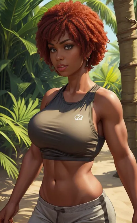 a nerdy black girl, rubenesque, sexy, beige pants and red tank top, black afro, visible thong, midriff, jungle beach, short hair, (best quality,4k,8k,highres,masterpiece:1.2),ultra-detailed,(realistic,photorealistic,photo-realistic:1.37),HDR,UHD,studio lig...