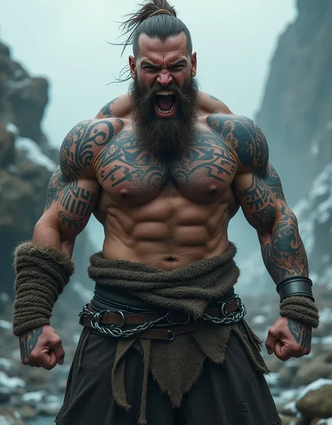 naughty man, strong muscular body tattoo, viking, angry