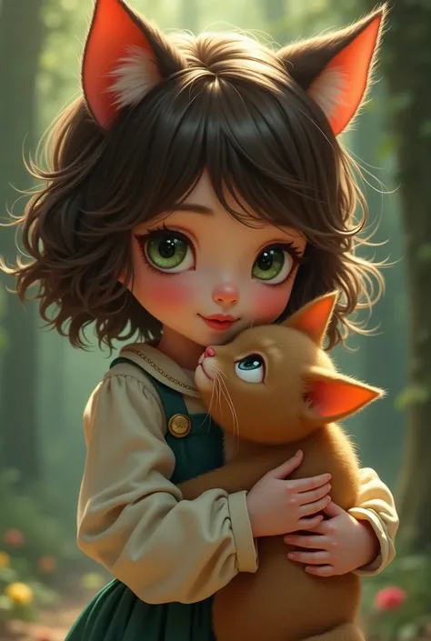  girl with short brown wavy hair, He has dark green eyes. has cat ears. He is carrying a brown cat 