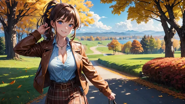 1girl, solo, trees, sun, clouds, autumn, colorful trees, falling leaves, ((brown hair)), ponytail, large breasts, ((brown leather jacket)), button down shirt, ((blue checked shirt)), ((unbuttoned shirt)), ((unbuttoning buttons)), ((popping buttons)), ((ful...