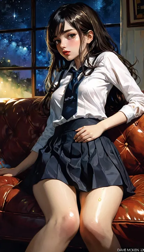 very sexy girl, long hair, slim, very small breasts, dressed as a schoolgirl, on the couch in a living room overlooking a magical night with stars,(best quality, 4k, 8k, high resolution, masterpiece: 1.2), ultra-detailed, (realistic, photorealistic, photor...