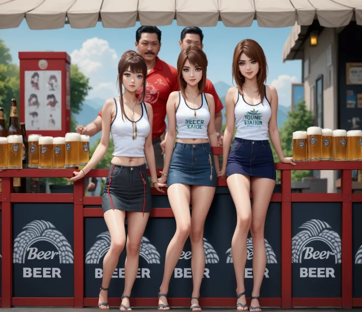 realistic anime illustration of 2 pretty young women at beer station, long  hair,  white singlet, denim pencil mini skirt, (2girls, full body), (masterpiece, best quality, japanese anime style), (expressive eyes, perfect face)