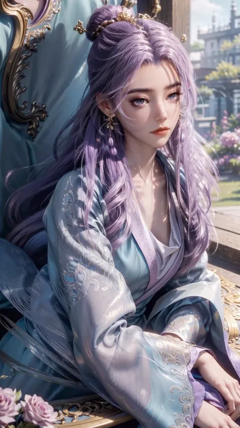 Captured from a low-angle perspective, a porcelain doll, dressed in a purple kimono, is seated on a chair. She is holding a rose in her right hand, her left hand resting on a wooden table. The table is adorned with a few rose flowers, adding a touch of col...