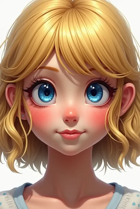 chica with symmetrical face, blue eyes, Red cheeks, bangs and wavy blonde hair, The real way