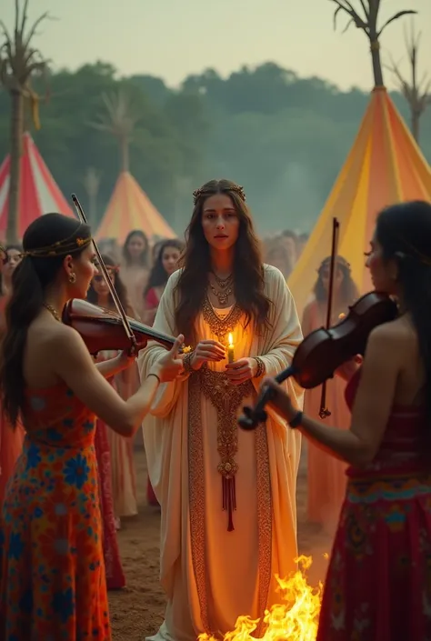 Create a video representing Saint Sara Kali, the patron saint of gypsies, blessing a group of gypsies. Santa Sara must be in the center, wearing the traditional clothing of the saints image, holding a candle or a flower, radiating serenity. Around it, gyps...