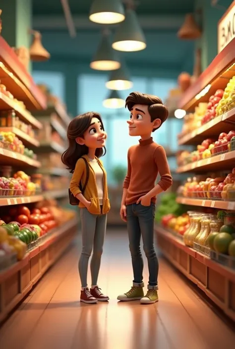 Create a video of a couple shopping at the grocery store and talking in 3D Disney Pixar style