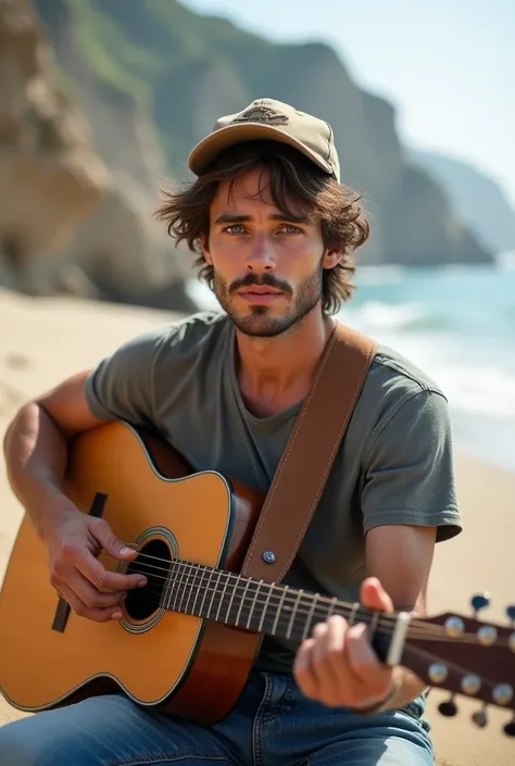 A guy with a guitar in jeans and a cap sings on the seashore. He looks at the camera.