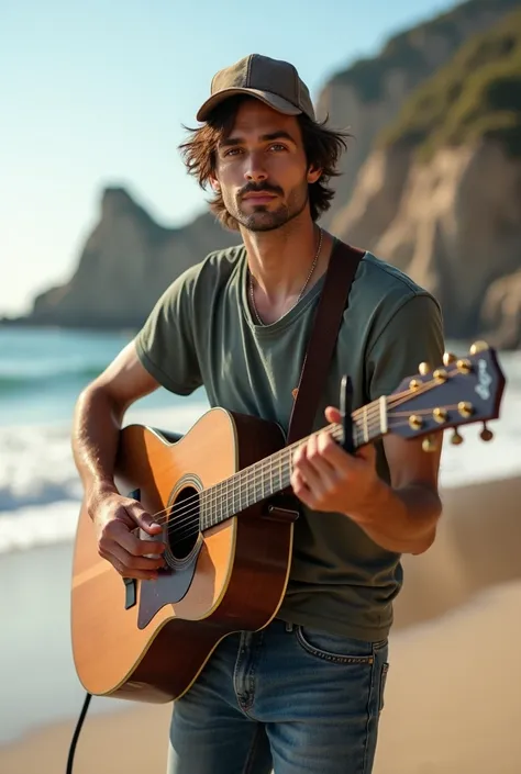 A guy with a guitar in jeans and a cap sings on the seashore. He looks at the camera.