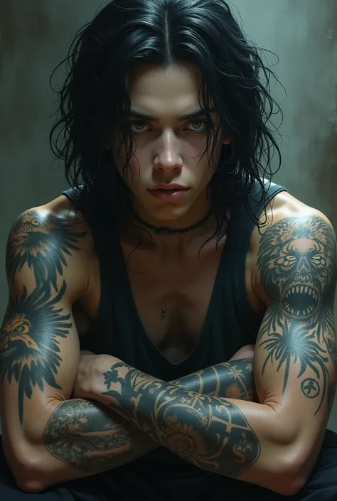 Create a pale boy with black hair. His hair is long and he has many tattoos on his muscular arms.. He has a serious face