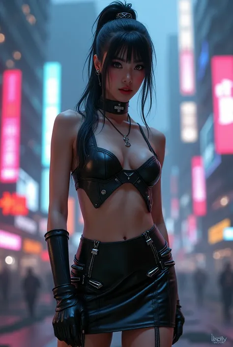 A medium sized 
asian woman wearing black leather skirt 
cosplay cyber punk