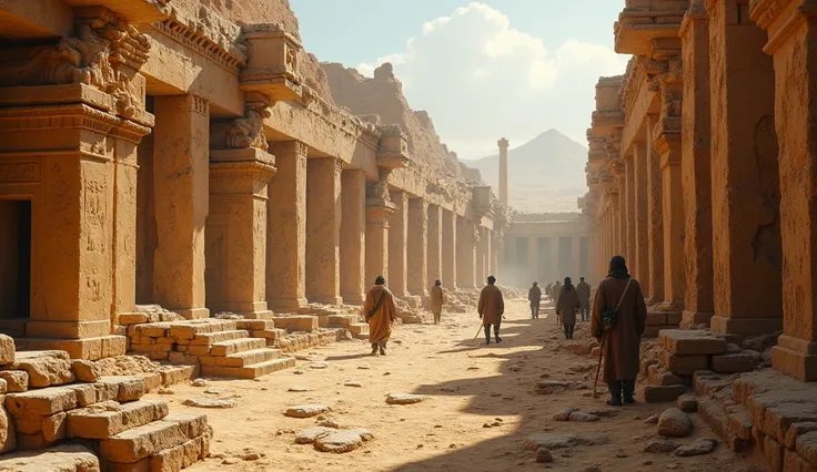 A scene that blends ancient ruins with modern archaeological digs. On one side, crumbling walls and broken columns from a palace of Saba, partially covered in sand. On the other side, modern archaeologists carefully excavating the site, surrounded by tools...