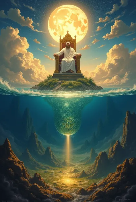 create an image with God sitting on his throne, below the throne there would be clouds and below the clouds there would be a sea and below that sea there would be a firmament/separation. within this firmament on top of it place clouds, floor, moon and star...