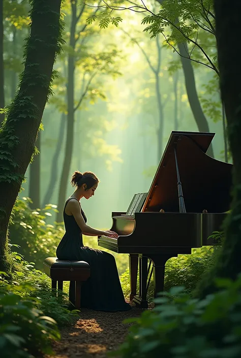 A serene scene of a pianist playing a grand piano in the middle of a tranquil forest, soft sunlight filtering through the trees, cross in the center illuminated by a gentle glow, peaceful atmosphere, hyperrealistic, detailed textures, cinematic lighting, m...