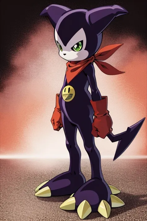 fountain_cheered up, impmon, 1 chico, alone, digimon (creature), nonhuman, full view, green eyes, cola, gloves, claws, red glove...