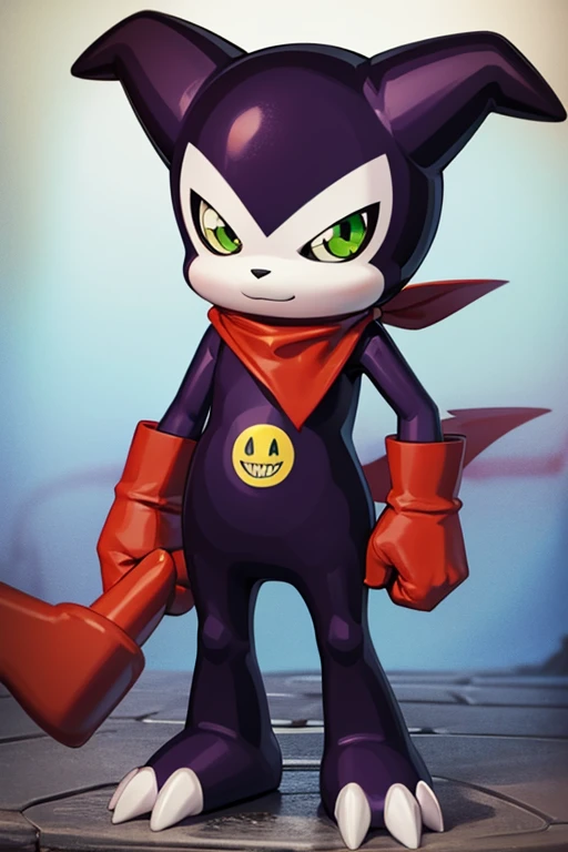 fountain_cheered up, impmon, 1 chico, alone, digimon (creature), nonhuman, full view, green eyes, cola, gloves, claws, red glove...