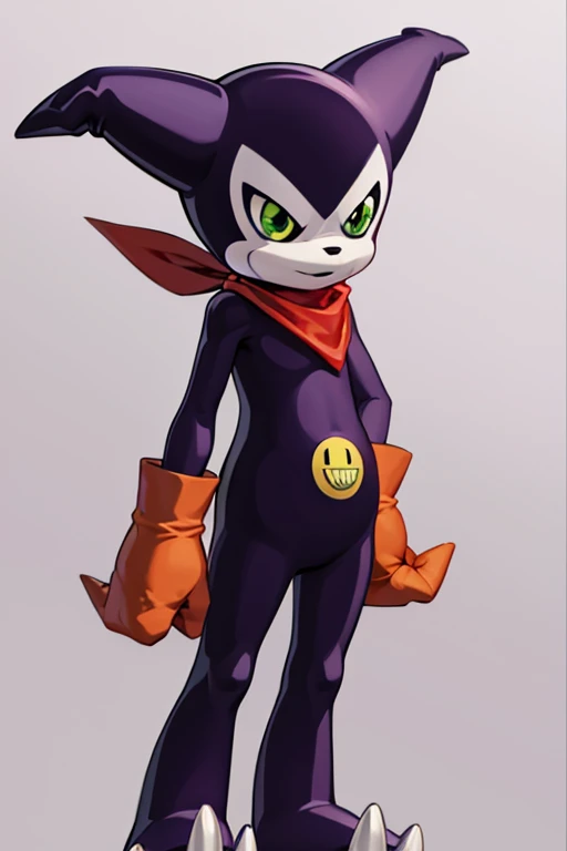 fountain_cheered up, impmon, 1 chico, alone, digimon (creature), nonhuman, full view, green eyes, cola, gloves, claws, red glove...