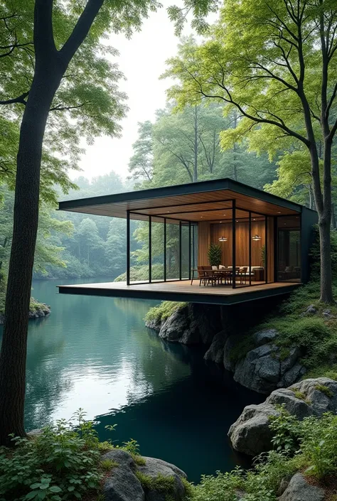 Elevated Pavilion, between the trees, built in steel, in front of a lake