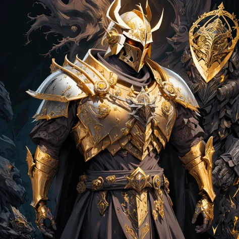 (Masterpiece:1.2), envision an intricate, 8k, highres, realistic, cinematic, dynamic, close up portrait of a faceless golden knight man clad in great armor with a grand helmet with bright white eyes with a large body in a dark fantasy style against a dark ...